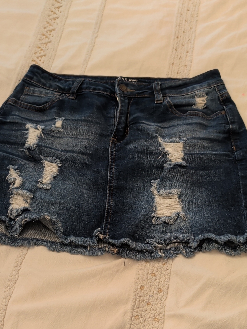 Wax Jean Dark Blue Distressed Denim Mini Skirt